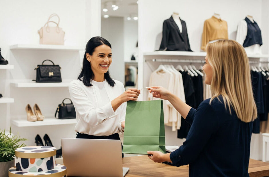 Dame übergibt ein eine Einkaufstasche