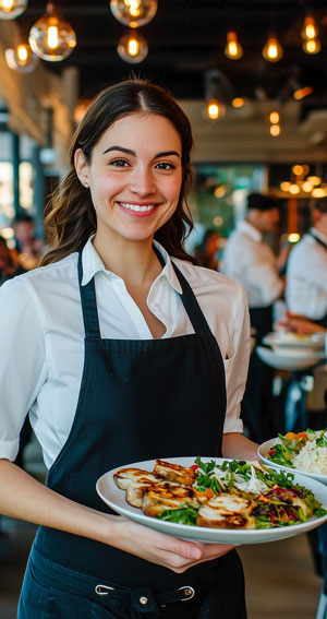 Kellnerin mit Tellern in einem Gastraum